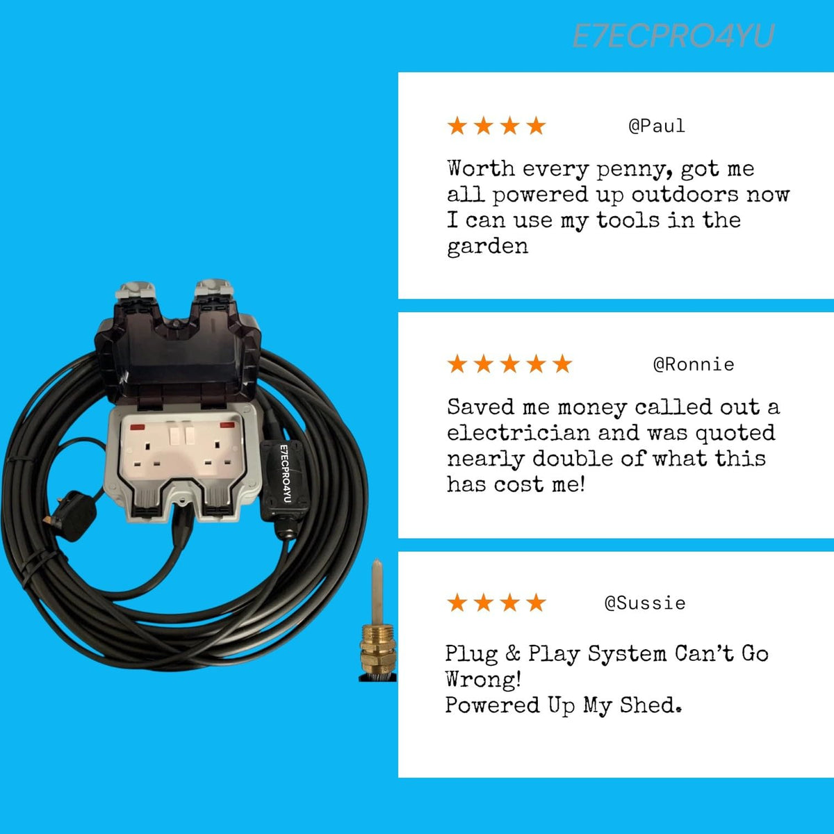 50 Metre Armoured Cable Outdoor Extension Lead, IP66 Rated, Permanent Power