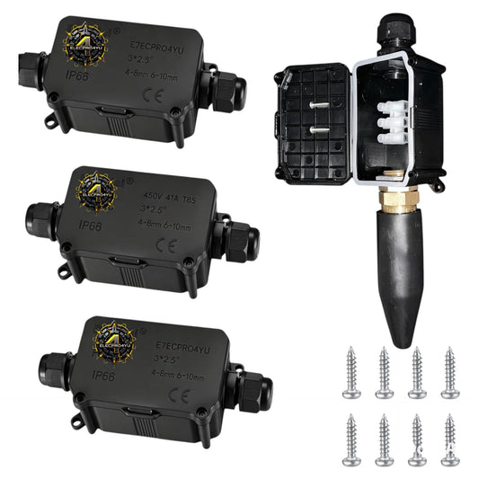 4 Pcs IP66 Waterproof Junction Boxes, 2-Way Outdoor Electrical Connectors, Black Extension Connectors with M20 Glands for Ø6mm-12mm & Ø6mm-17mm Cable