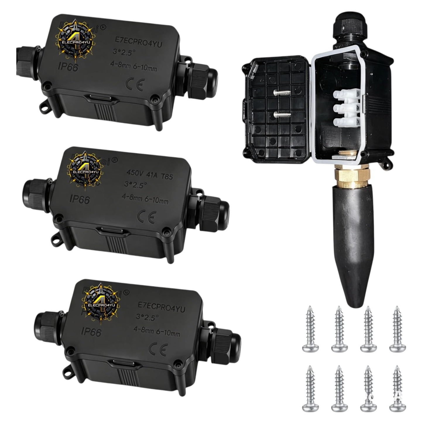 4 Pcs IP66 Waterproof Junction Boxes, 2-Way Outdoor Electrical Connectors, Black Extension Connectors with M20 Glands for Ø6mm-12mm & Ø6mm-17mm Cable
