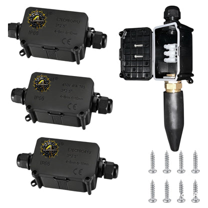 4 Pcs IP66 Waterproof Junction Boxes, 2-Way Outdoor Electrical Connectors, Black Extension Connectors with M20 Glands for Ø6mm-12mm & Ø6mm-17mm Cable