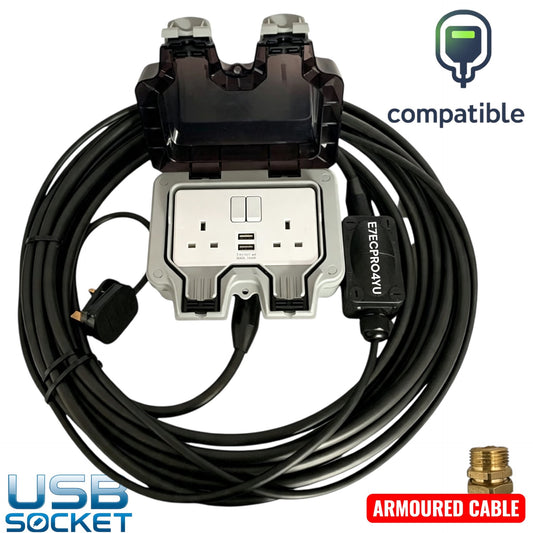 USB Socket Outdoor Extension Lead – Armoured Cable, 2 Socket, IP66 Rated